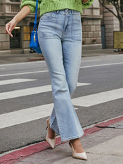 Mid-Waist Double-Button Washed Flared Jeans