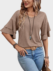 Womens Top Ruffle Sleeve Blouses V Neck T Shirts Casual Outfit Bell Sleeve Tee