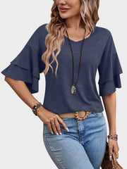 Womens Top Ruffle Sleeve Blouses V Neck T Shirts Casual Outfit Bell Sleeve Tee