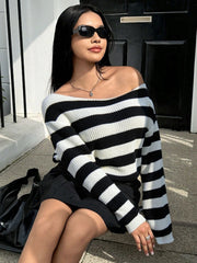 Womens Off The Shoulder Sweater 2025 Fall Winter  Striped Sweater