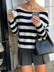 Womens Off The Shoulder Sweater 2025 Fall Winter  Striped Sweater