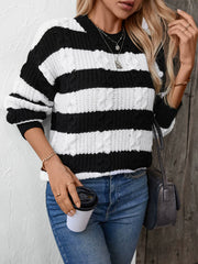 Women's Striped Loose Crew Neck Cable Sweater