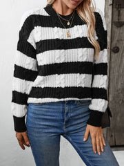 Women's Striped Loose Crew Neck Cable Sweater