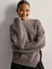 Women's Crew Neck Knitted Hem Loose-Fit Long-Sleeve Sweater