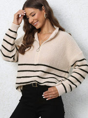 Women's Quarter Zip Striped Oversized Sweater 2025 Mock Turtleneck Fall Fashion Outfit