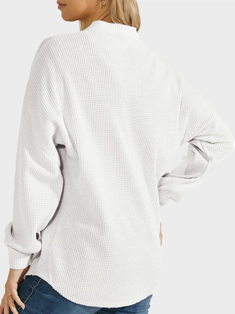 MAGIC CURVE Chouyatou Women's Loose Fit Batwing Sleeve Waffle Knit Button Down Shirt Shacket Tops