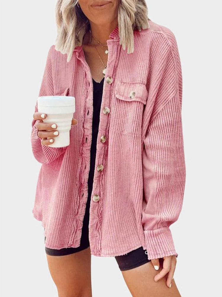 MAGIC CURVE Chouyatou Women's Loose Fit Batwing Sleeve Waffle Knit Button Down Shirt Shacket Tops
