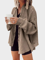 MAGIC CURVE Chouyatou Women's Loose Fit Batwing Sleeve Waffle Knit Button Down Shirt Shacket Tops
