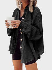 MAGIC CURVE Chouyatou Women's Loose Fit Batwing Sleeve Waffle Knit Button Down Shirt Shacket Tops