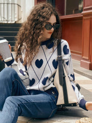 Women's Cute Heart Jacquard Round Neck Cropped Sweater
