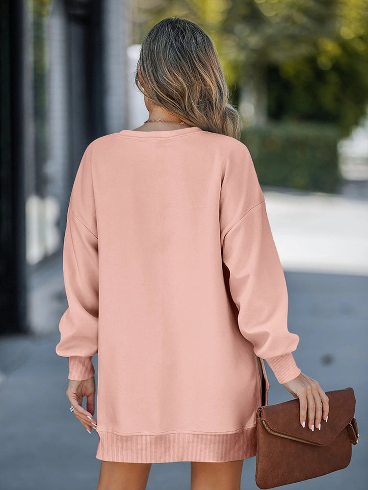 Long Sleeve Drop Shoulder Pullover Casual Zipper Side Slit Top