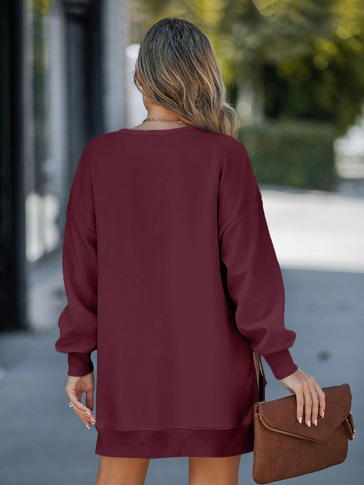 Long Sleeve Drop Shoulder Pullover Casual Zipper Side Slit Top