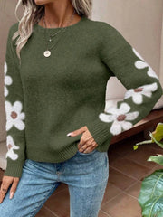 Women's Floral Crew Neck Long Sleeve Casual Loose Sweater Knit