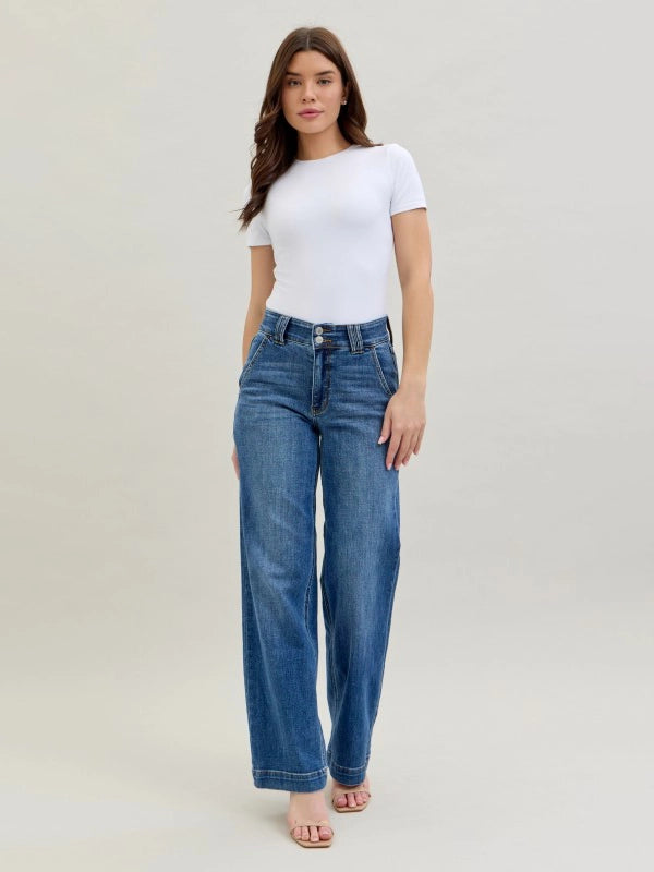 Judy Blue DOUBLE DOWN High Waist Double Button Wide Leg Jeans